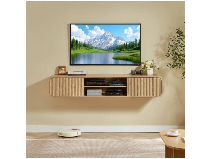 HOMVRA Meuble TV mural 160 cm naturel rangement ouvert MDF passe-câbles