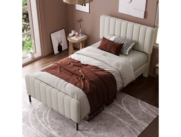 Lit simple rembourré - MERAX - 90x200 cm - Tête de lit réglable - Lin gris beige - Sommier à lattes pin