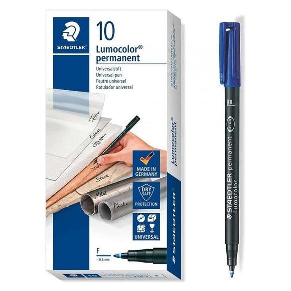 Staedtler permanent Universalstift Lumocolor, blau, wisch- und wasserfest, sekundenschnell trocken (10x) (318-3)