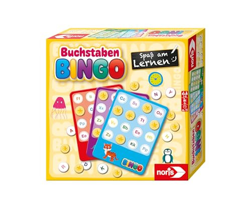 Noris Letters Bingo educatief spel voor kinderen met 6 bingo-borden en 26 letterschijven