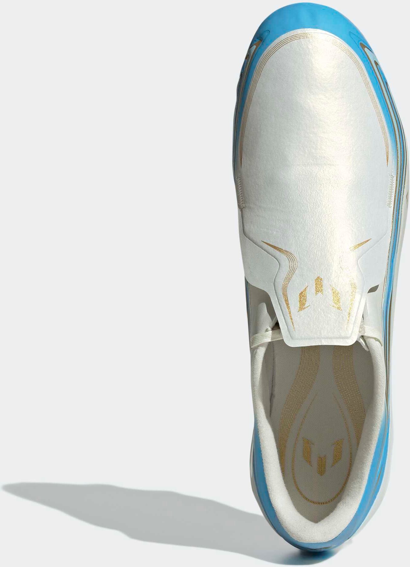 Fußballschuh ADIDAS PERFORMANCE "F50 MESSI LEAGUE, FESTE BÖDEN", Gr. 47, ivory, semi blau burst, icey blau, Synthetik, Schuhe Fußballschuh, Außensohle für Rasen und feste Böden