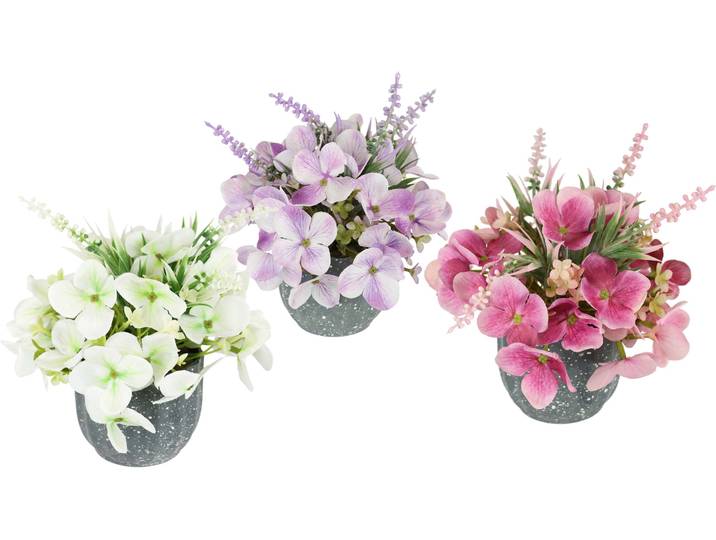 Kunstblume I.GE.A. Kunstblumen-Arrangement Hortensien im Topf 3er Set , variiert, B:17cm H:17cm T:17cm, Polyester, Kunstpflanzen, Kunstblume, 17cm Kunstpflanze Deko künstliche Blumen Deko Pflanzen