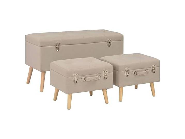 VIHHQGC Beige Stoff Hocker mit Stauraum, 3er Set mit Massivholzbeinen 1 großer und 2 kleine Hocker, Schaumstoffpolsterung, Ablagefach unter Sitzfläche, 110 kg Belastbarkeit, pflegeleichter
