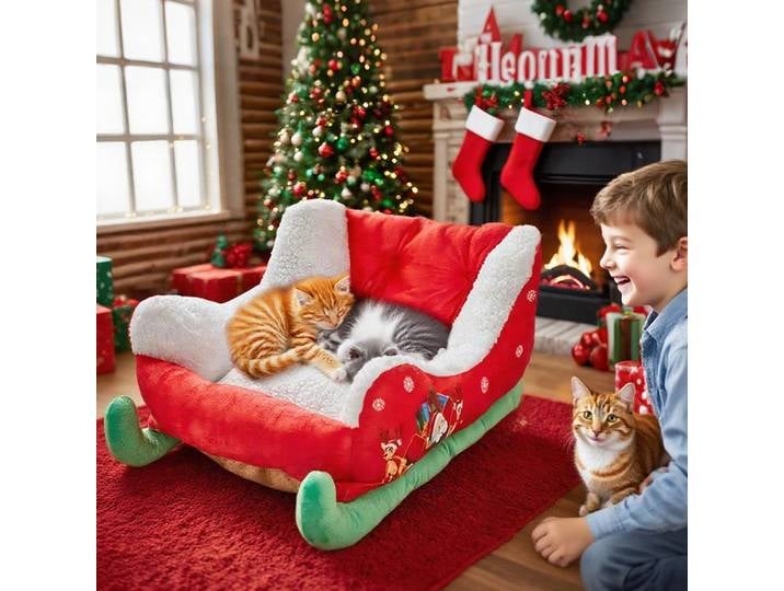 Lit pour chien traîneau de Noël, nouveau lit de traîneau pour chien, lit pour animaux de compagnie du Père Noël pour chiens et chats, lit pour animaux de compagnie confortable en peluche festive sur