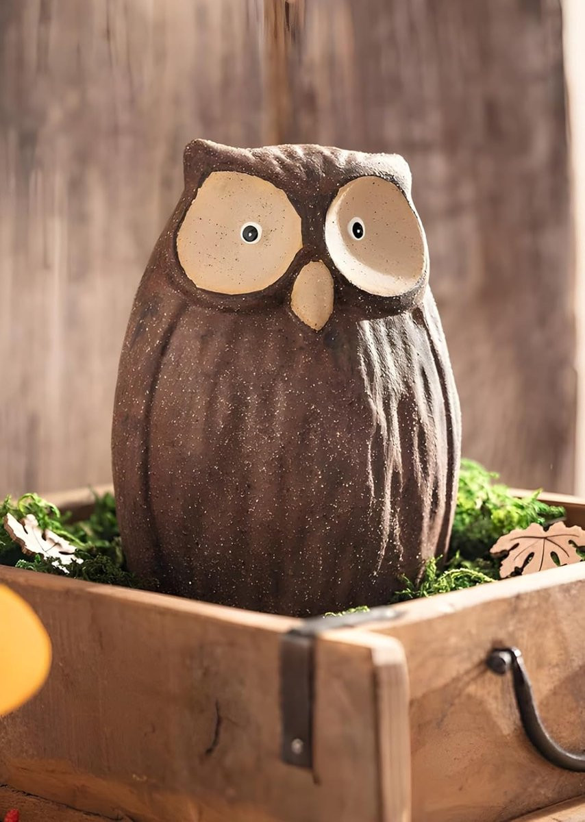 Decoratief Uil Figuur - Handbeschilderd Keramiek Beeldje - Bruin - Hoogte: 19 cm