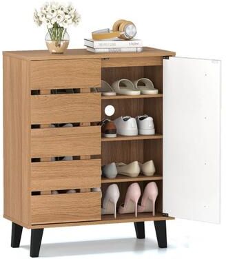 Costway 4-Tier Farmhouse Shoe Organizer with Louvered Door-Natural and White