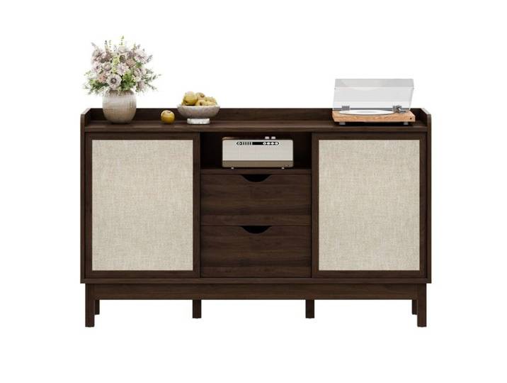 Buffet bas - 2 portes coulissantes 2 tiroirs et rangement ouvert - naturel