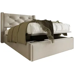 OKWISH Elegantes Polsterbett 90×200 mit Stauraum, Lattenrost, gepolstertem Kopfteil, Baumwolle, modernes Schlafzimmerbett, Hellgrau