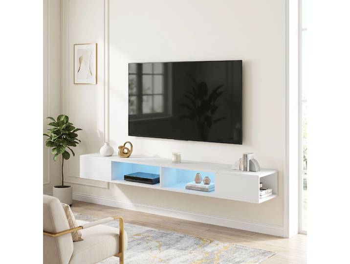 HOMCOM Meuble TV Suspendu LED 177,8 cm Blanc Étagères Ouvertes