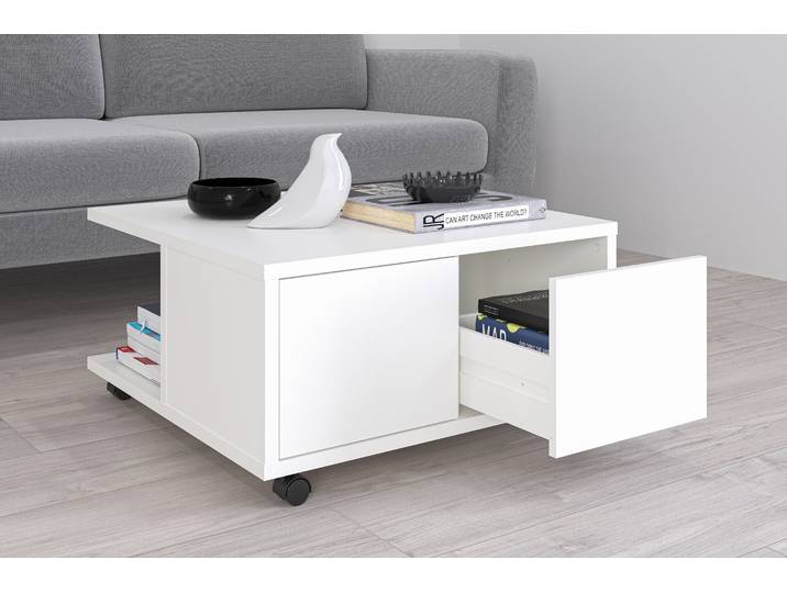 Couchtisch FMD Twin , weiss (weiß perl), B:70cm H:36cm T:70cm, Tische, Couchtisch, Sofatisch mit Rollen, Push-to-open, viel Stauraum, Breite: 70 cm