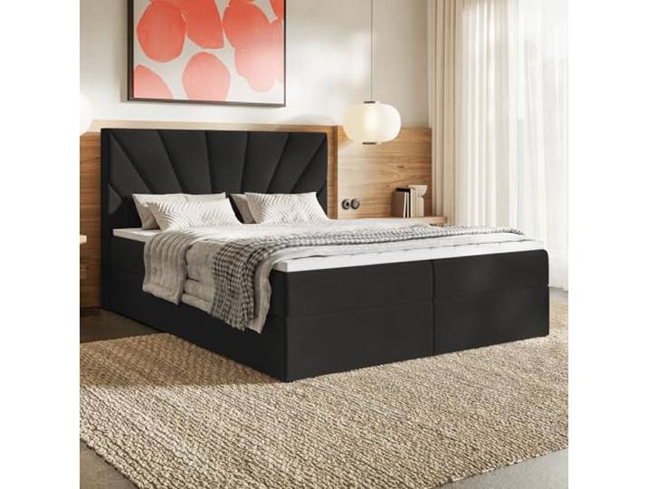 MOTIVENA Aspen Boxspringbett 180x200 mit Bettkasten und Topper, Polsterbett 180x200 mit Bettkasten, Taschenfederkern-Matratze (H3), T28 Komfortschaumstoff Topper (H3), Samt, Schwarz