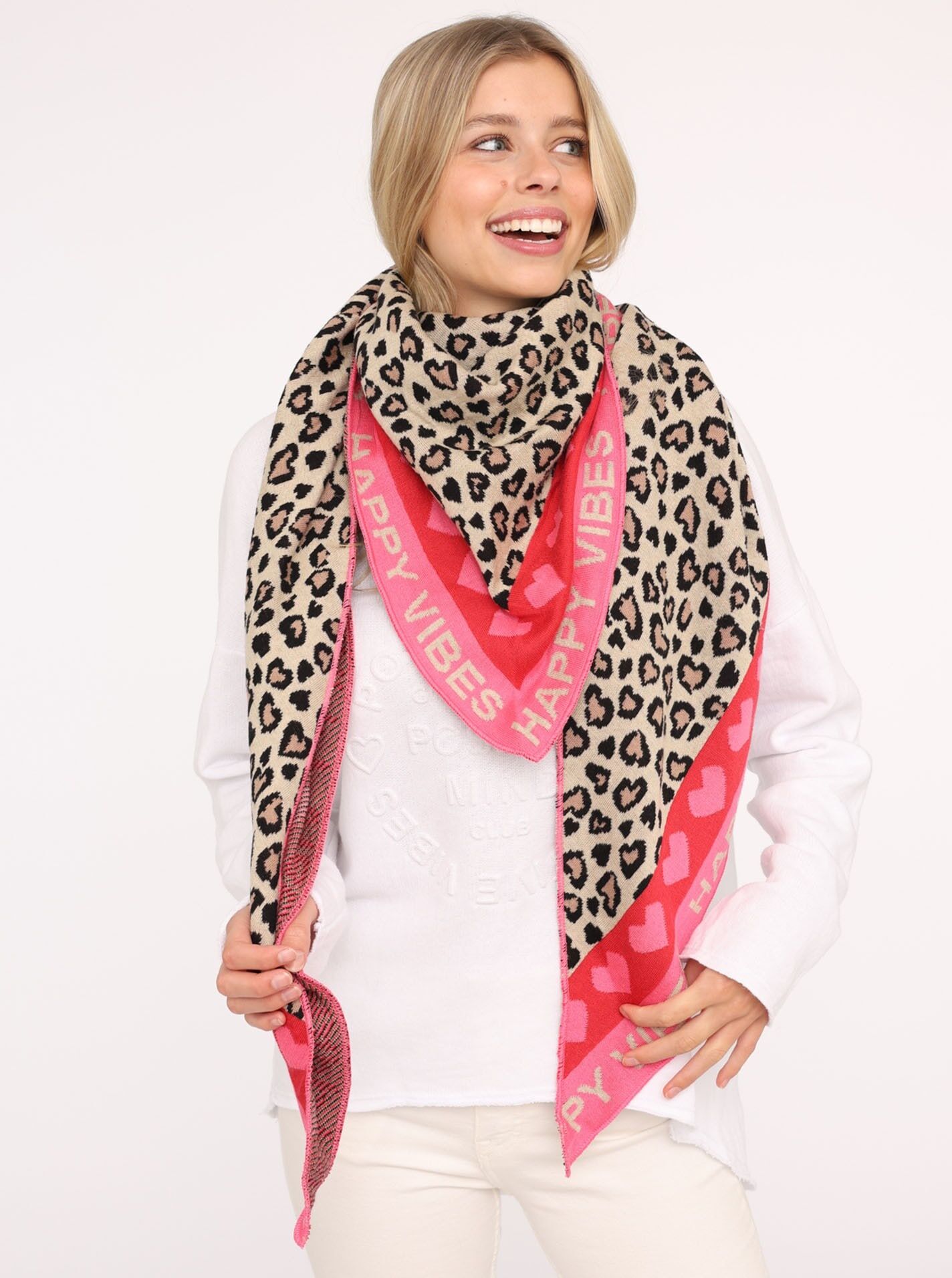 Dreieckstuch ZWILLINGSHERZ "Micha", Damen, pink, Baumwollmischung, Modetücher Dreieckstuch, Mode Tuch, Leomuster mit Herzen und Schrift, vielseitig tragbar pink Einheitsgröße