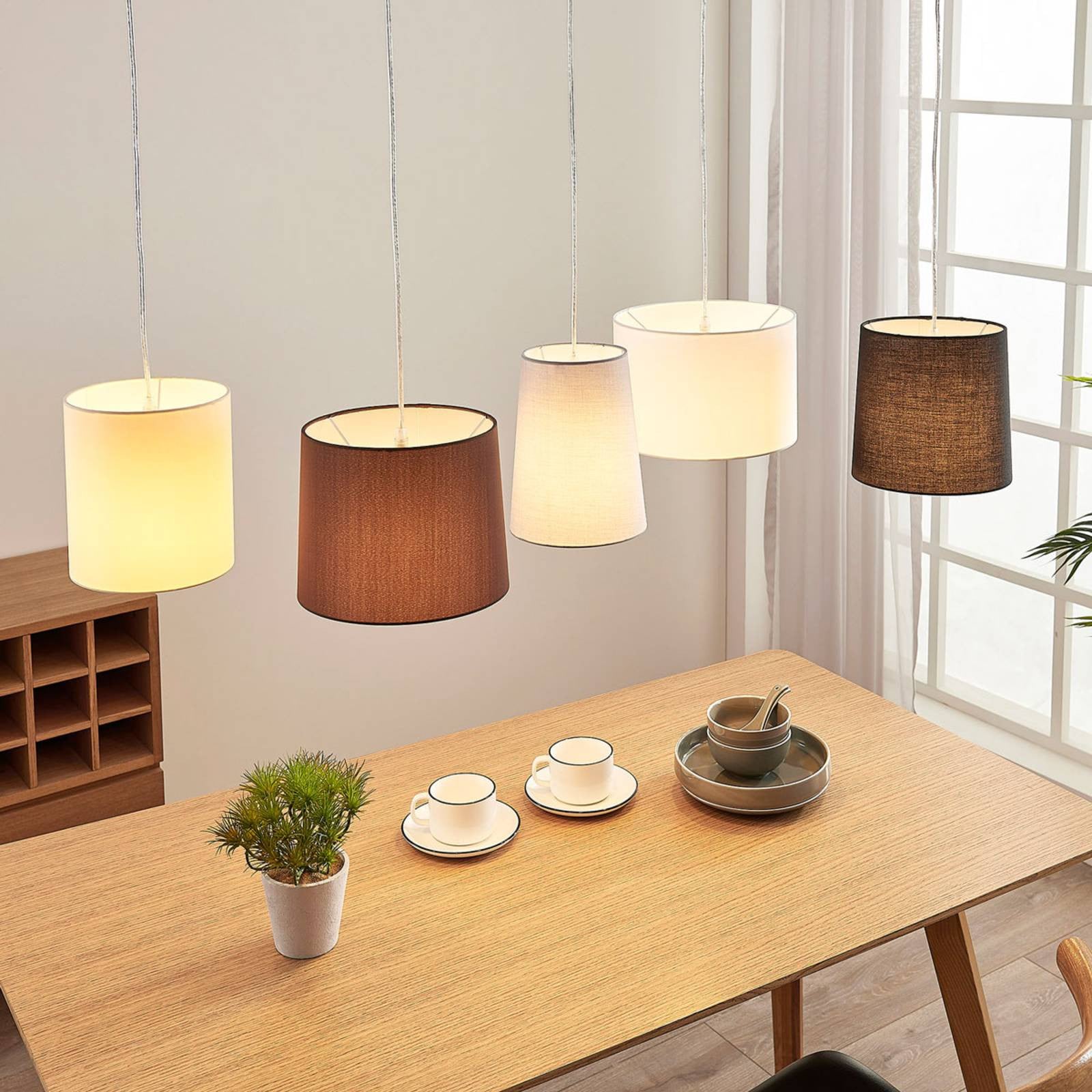 Lindby Hanglamp Hermina, Bruin, Textiel, Dimbaar, Modern