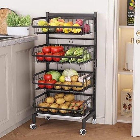 Keukenwagen met wielen en groenterek, opbergwagen voor de keuken met vergrendelbare wielen