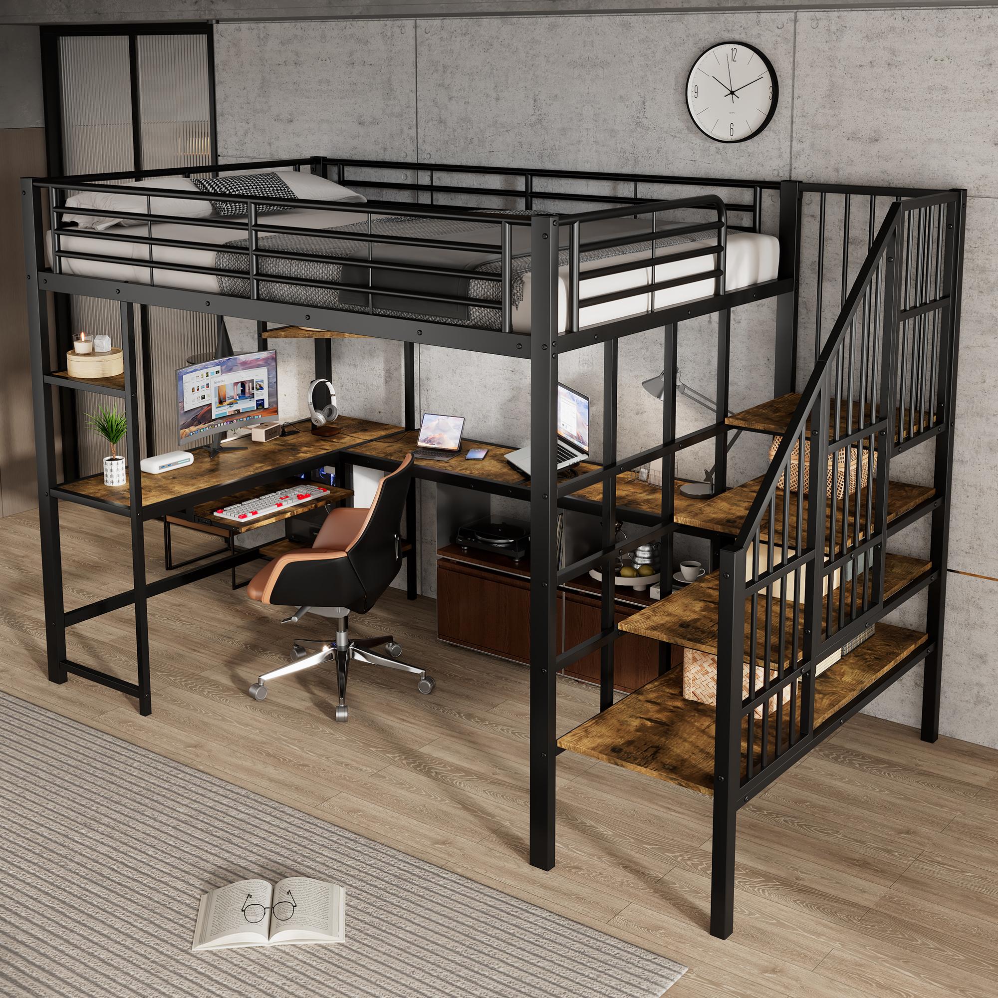 Flieks Etagenbett 120x200cm mit Schreibtisch und Ladefunktion, Jugendbett Metallbett mit Treppe und Ablagen, Kinderbett Metallbett, Schwarz