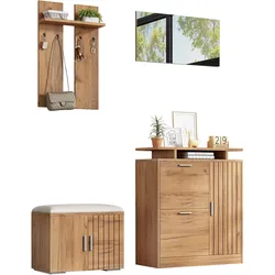 GARDEROBEN-SET 140 cm Natur – Flurmöbel mit Spiegel, Schuhbank & 5 Türen Modern