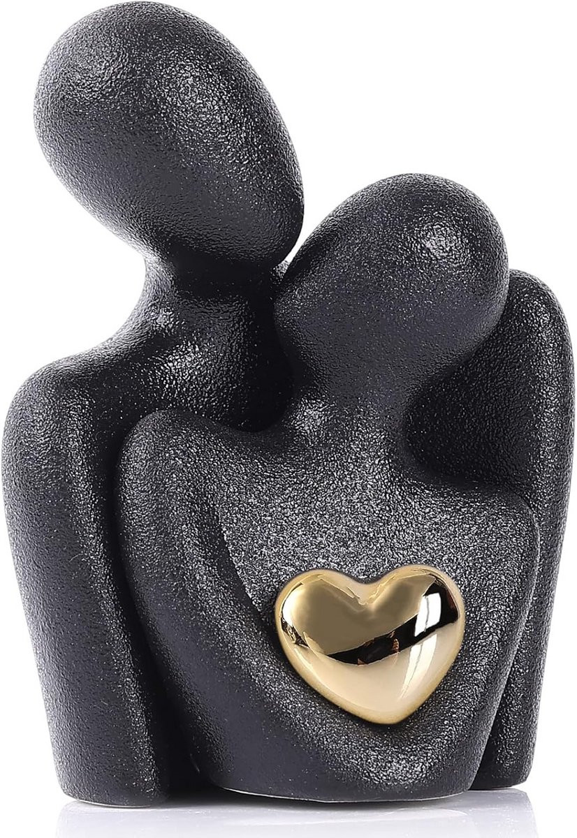 Mini Paar Standbeeld - Keramisch Romantisch Koppel Beeldje voor Woondecoratie, Zwart, Hoogte: 12 cm