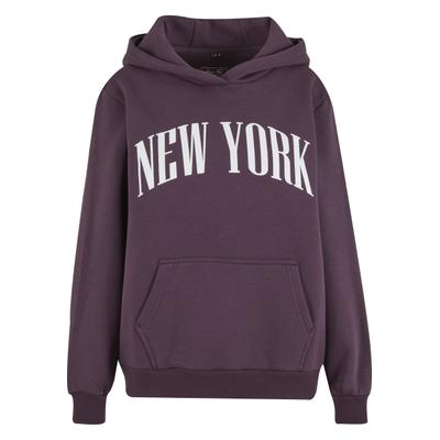 Kapuzensweatshirt MISS TEE "Miss Tee New York Ladies Fluffy Hoody", Damen, Gr. S, lila (plumlila), 70% Baumwolle, 30% Polyester, bedruckt, Rundhals, Sweatshirts
