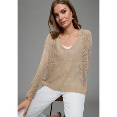 Strickpullover LAURA SCOTT "aus sommerlich leichtem Material", Damen, Gr. 36/38, beige, Strick, Obermaterial: 100% Polyacryl, unifarben, oversize hüftbedeckend, V-Ausschnitt, Rippbündchen, Pullover Strickpullover, aus modernem Lochstrick mit...