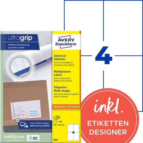 Avery-Zweckform 3483 Universal-Etiketten 105 x 148mm Papier Weiß 400 St. Permanent haftend Tintenstrahldrucker, Laserdrucker