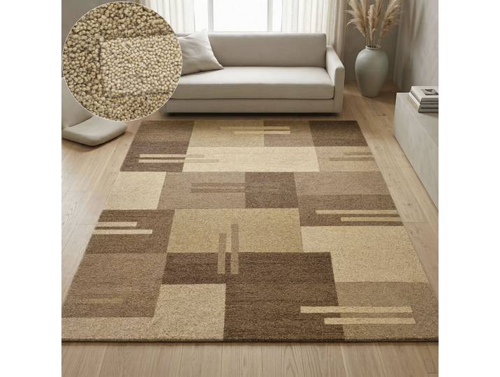 Wollteppich THEKO Gabbeh Kästchen, Patchwork Design, reine Wolle , braun, B:200cm H:14mm L:200cm, Wolle, Teppiche, Wollteppich, Naturtöne, Wohnzimmer, Schlafzimmer, Esszimmer