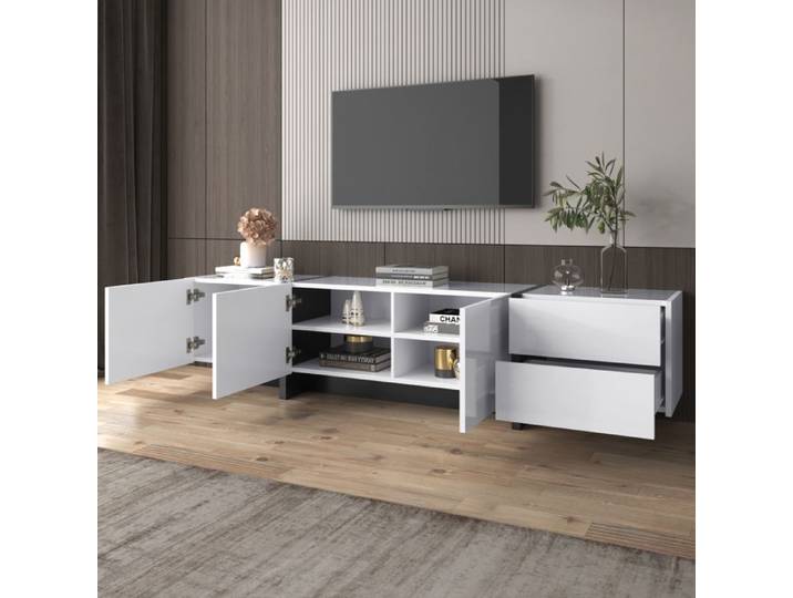 LPOSPI Meuble tv moderne avec 3 portes et 2 tiroirs cloisons intérieures et plateau finition brillante pour salon - blanc