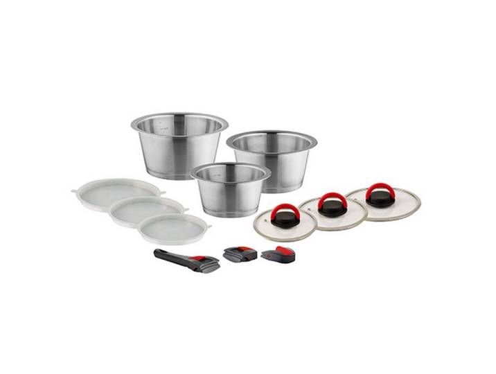 Kuppels Topf-Set QUICK CLACK PRO, Edelstahl 18/10 (Kochgeschirr, Campinggeschirr, Je 3 Basistöpfe, Griffe, Topf- und Frischhaltedeckel), mit abnehmbaren, austauschbaren Griffen, 12-teilig