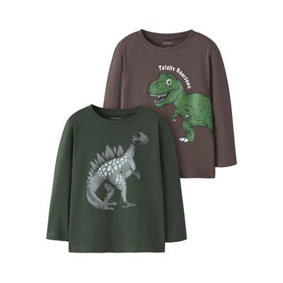 Langarmshirt NAME IT "NMMNEDIN 2P LS NREG TOP BOX PB", Jungen, Gr. 104, bunt (shopping bag pack:sycamore), Jersey, Obermaterial: 100% Baumwolle, bedruckt, normal, Rundhals, Shirts Langarmshirt, Baumwolle, regular fit, Dino Druck