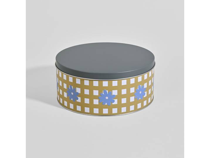 Keksdose mit Senfgelb-Gingham- und blauem Blumenmuster