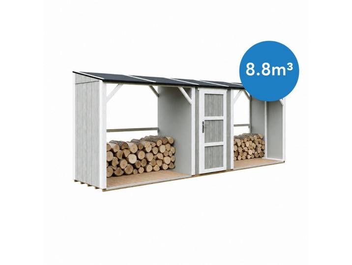 BRENNHOLZLAGER doppelt mit Geräteraum 6,49 m², zwei Brennholzbereiche mit insgesamt ~8,8 m³ Fassungsvermögen
