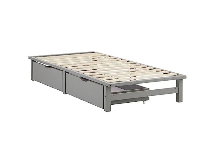 Homestyle4u Palettenbett 90x200 cm Grau mit Schubladen & Lattenrost Massivholz Kiefer, 2 ausziehbare Bettkästen, Einzelbett für Jugendzimmer & Gästezimmer