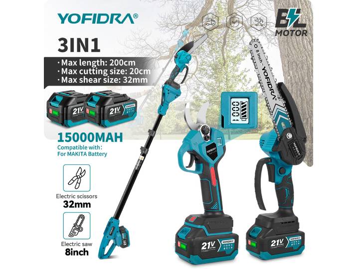 YOFIDRA 3 en 1 : Cisaille électrique télescopique sans balais 32 mm, scie à chaîne 8 pouces pour l'élagage de jardin, compatible avec batterie Makita