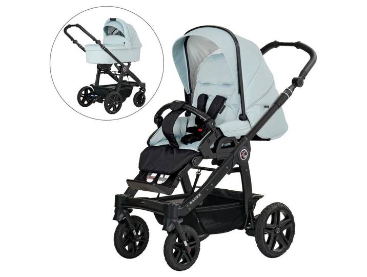 Hartan Kinderwagenset Racer Gts, Pastellblau, 3-teilig, 59x113x101 cm, EN 1888, UV 50+, AZO-frei, Made in Germany, Feststellbremse, Fußstütze abklappbar, Federung, kugelgelagerte Räder, Verdeckung abnehmbar, 5-Punkte-Gurt, für Babyschale geeignet, Griff in Lederoptik, Sitz umsetzbar, Reflektorstreifen, abnehmbarer Schutzbügel,5-Punkt-Gurt, Gurtschoner, Schutzbügel abnehmbar, Verdeck abnehmbar, Sitz umsetzbar, Sportsitz mit verlängertem Verdeck,Matratze, Baby on Tour, Kinderwagen, Kombikinderwagen