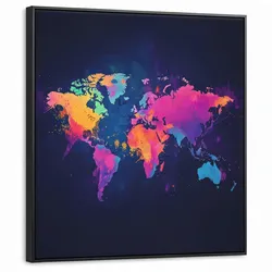 LEINWAND Bilder mit Rahmen - Weltkarte - Bunt - Graffiti - 90x90