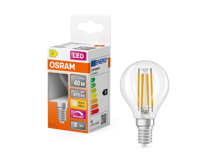 LED Tropfen P40 dim 3,4W 827 fil E14 ww