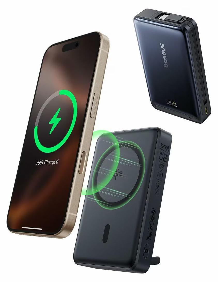 Baseus Nomos Powerbank 10000 mAh, 45 W, Draadloos opladen, Zwart