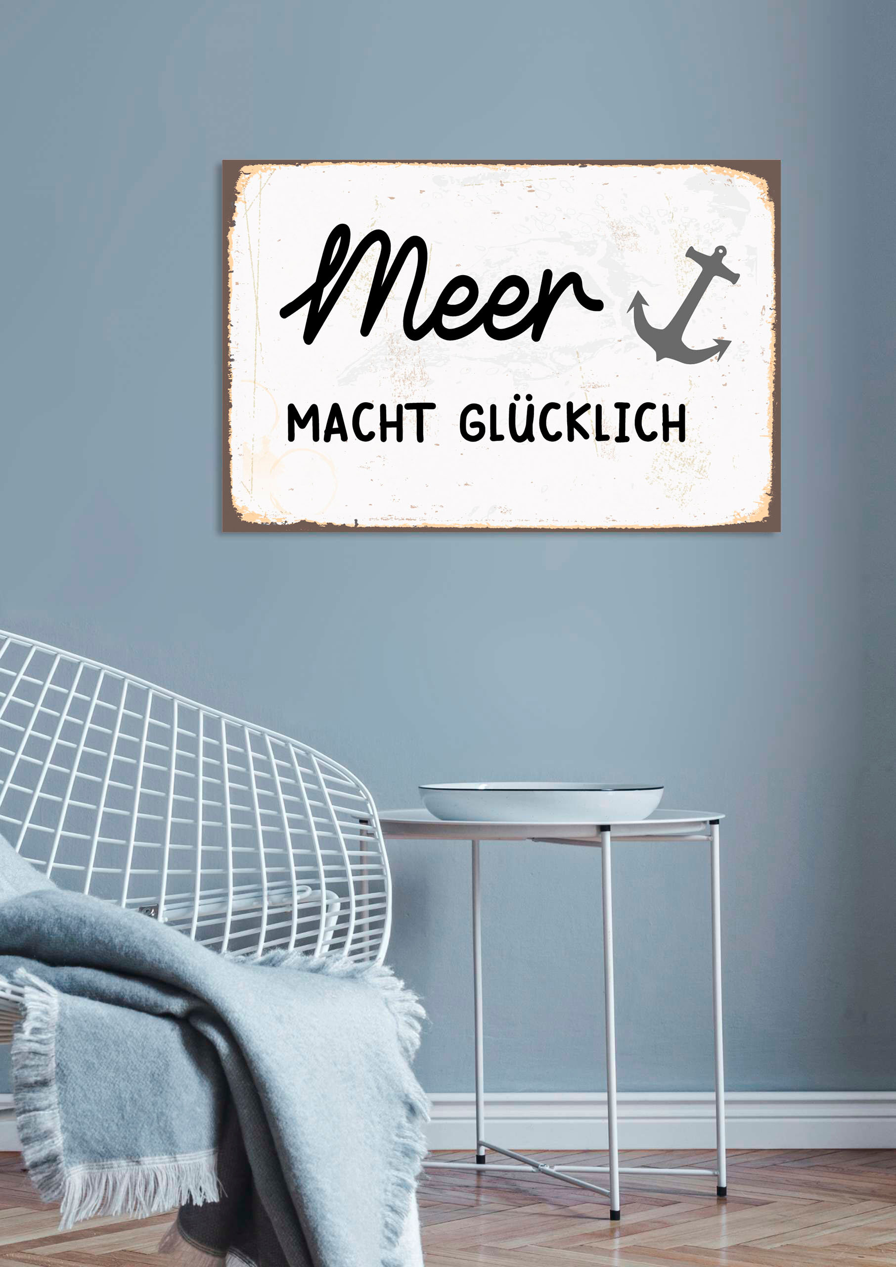 Metallbild QUEENCE "Meer macht glücklich", schwarz (farbe bild(er): schwarz), B:30cm H:20cm, Metall, Stahl, Bilder, Stahlschilder