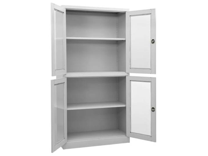 HKLGBVCR Büroschrank, hellgrau, 90 x 40 x 180 cm, Stahl und Hartglas Vier Türen, verstellbare Einlegeböden, Schlösser, gehärtetes Glas, Stahl, optimale Sichtbarkeit