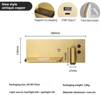 Uplift Picks Multifunction Bedside Wall Lamp With Wireless Charger left Brass 10 W warm Light