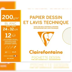 Clairefontaine 10x Lavis, Technisches Zeichenpapier 24x32cm, Packung mit 12 Bogen 200g - 96278C