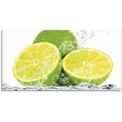 Glasbild ARTLAND "Limette mit Spritzwasser", gelb (farbe bild(er): gelb), B:100cm H:50cm, Bilder, in verschiedenen Größen
