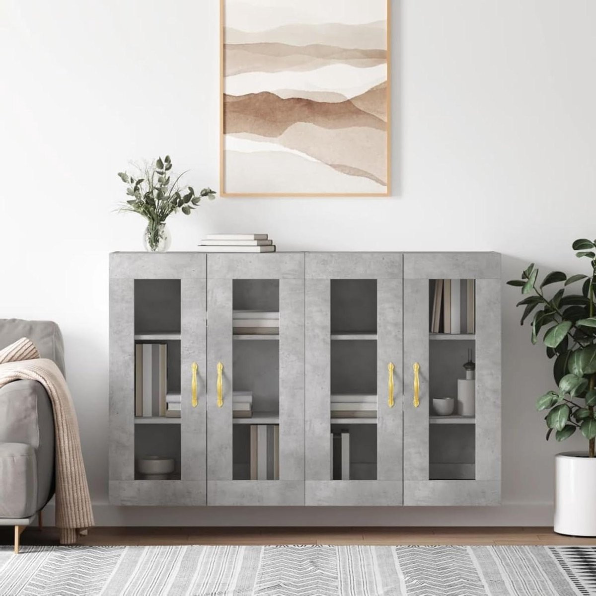 Set van 2 wandkasten met glazen deuren in betongrijs voor de keuken, badkamer of woonkamer