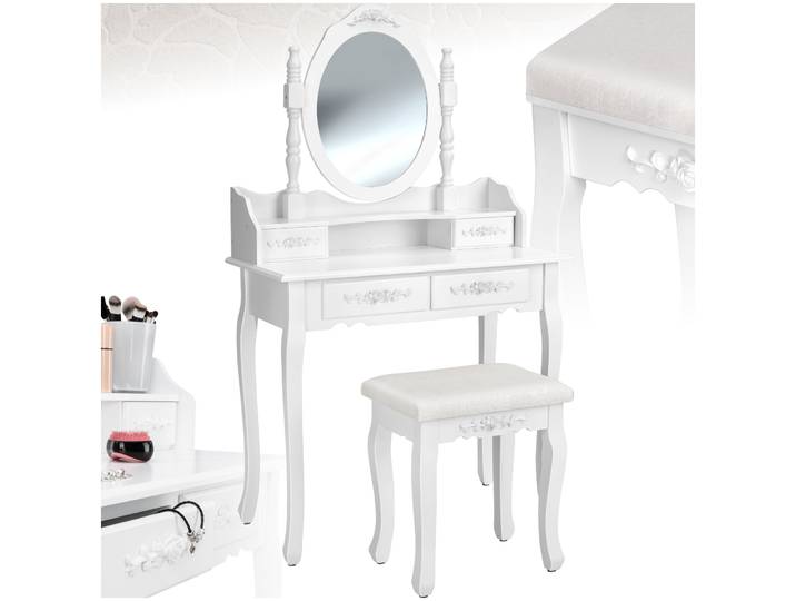 Schminktisch mit Spiegel und Hocker im Antik Look - weiss
