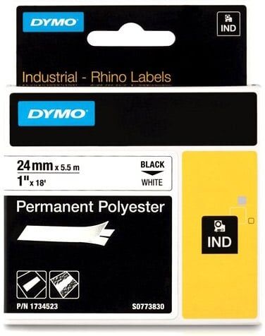 Dymo S0773830 / 1734523 IND Rhino Fita permanente de poliester preto sobre branco 24mm