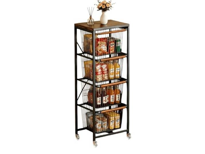Kx9Lb8d Rollwagen 4-stufiger rollender Aufbewahrungswagen, bewegliches Snack- und Gemüse-Obst-Organizer-Regal(Schwarz)