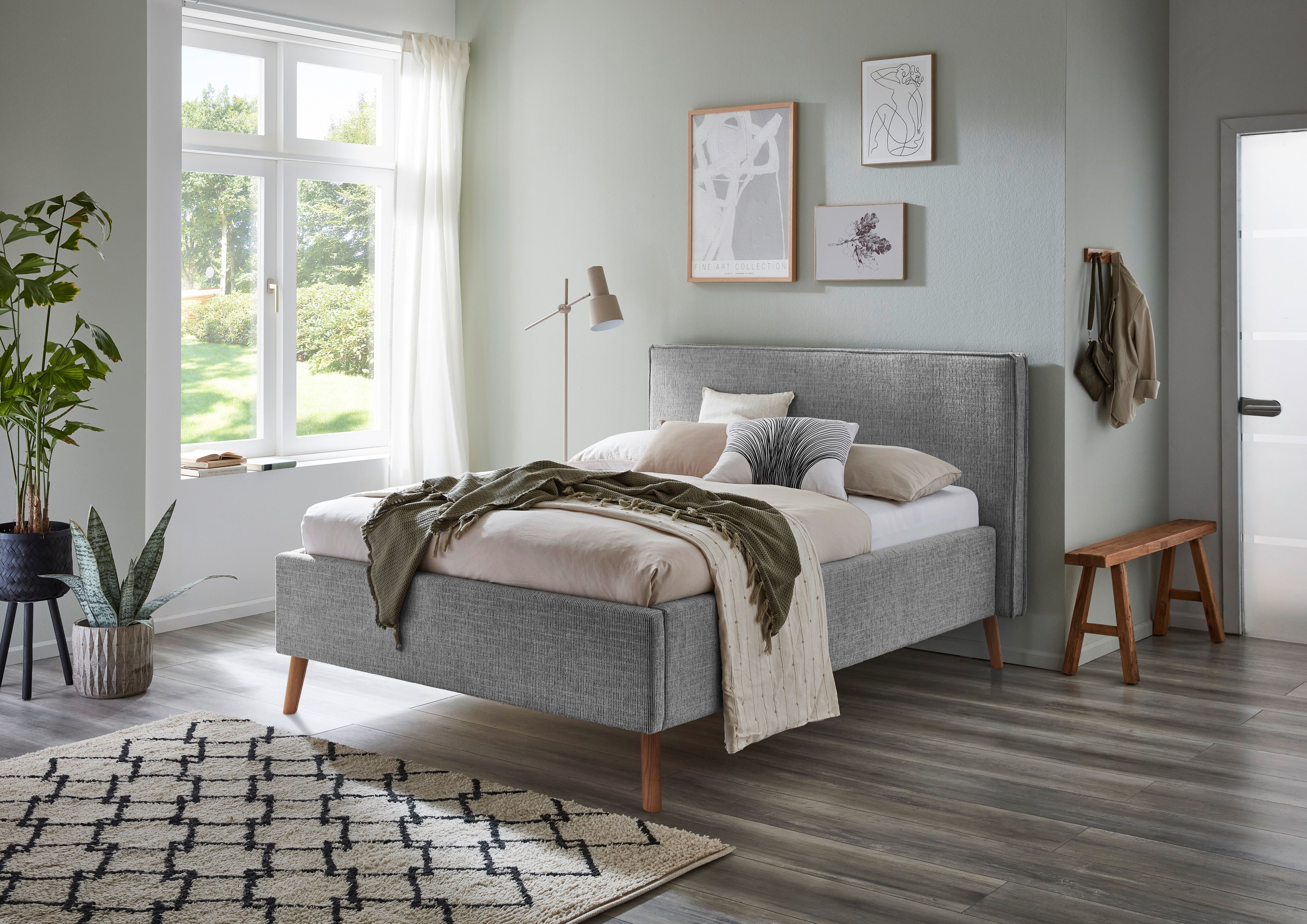 Polsterbett MEISE.MÖBEL "Riva", beige (fog, fog), B:165cm L:216cm, Betten, Polsterbett, mit eichefarbigen Holzfüssen, wahlweise mit Bettkasten und Lattenrost fog, fog Liegefläche Länge B: 200cm x 140cm, Strukturstoff ink. Bettkasten & Federholz-Lattenrahm