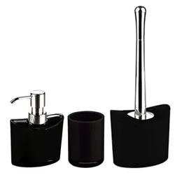 MSV Badezimmer Set Manihi, 3-teiliges Badzubehör aus Acryl, Seifenspender, WC Bürste, und Zahnputzbecher Schwarz