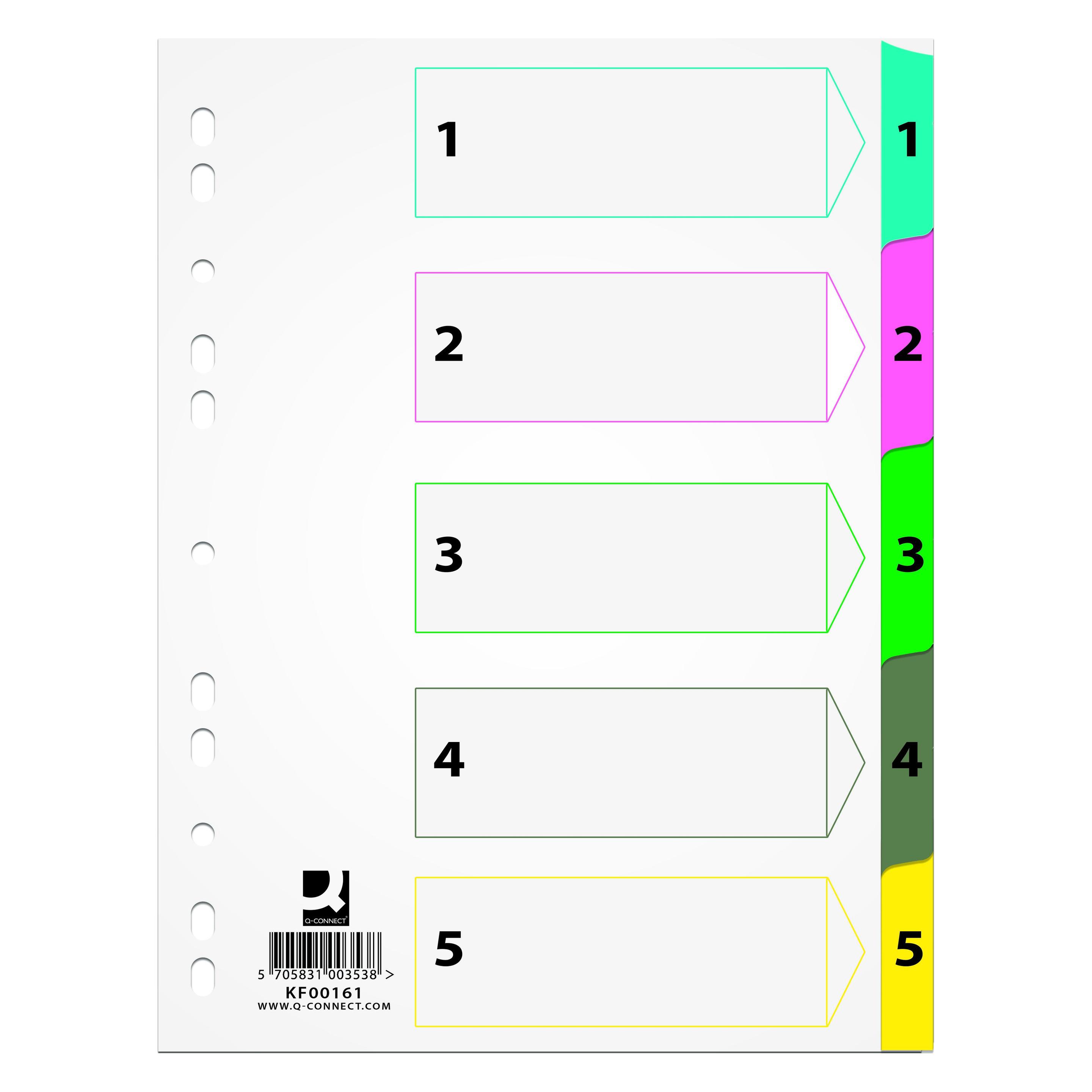 Q-Connect Mylar-Trennblätter, Karton, A4, 225 x 297 mm, 1-5, 5 Karten, laminiert. Index, Farbmischung (41919984)