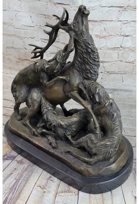 Bronzhaus Elk Reindeer Attacked By Hunting Dogs Bronze Statue Sculpture Figure Barye 14 Inches X 16 Inches