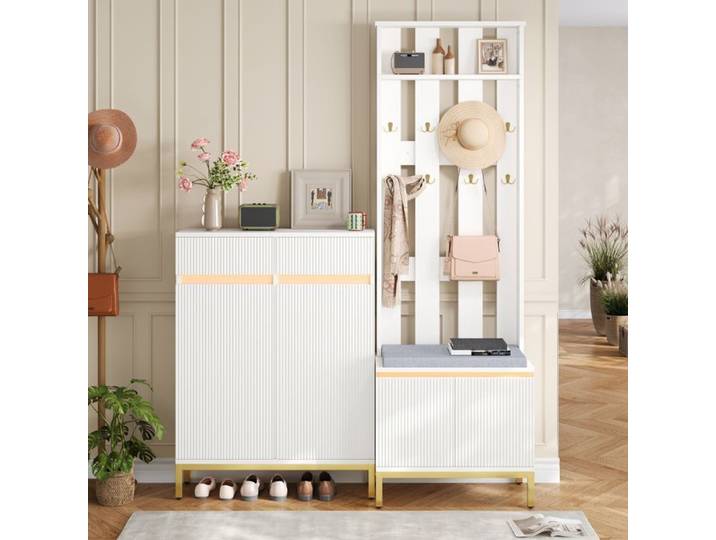 Ensemble Garde-Robe Entrée avec Armoire à Chaussures Banc Patères Étagère et LED – Rangement Moderne Blanc 2 Colis